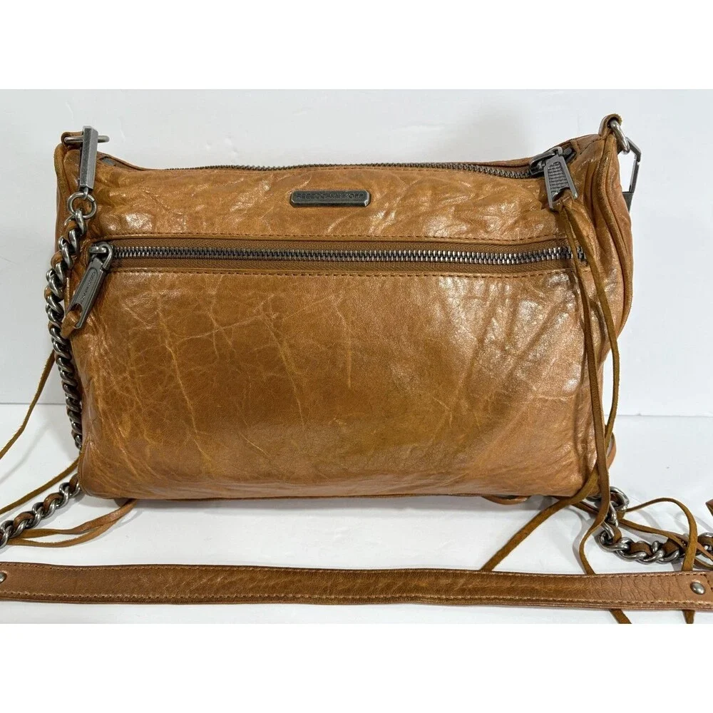 Rebecca Minkoff Women's Crinkled Leather Cognac Brown Crossbody Shoulder Bag